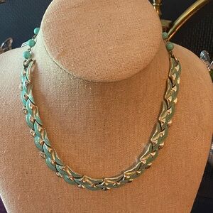 Elegant Vintage Gold and Light Teal Enamel Women's Necklace